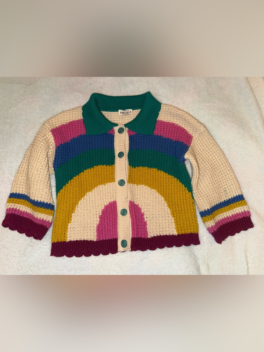Finding Foxtale cardigan with a colorful rainbow pattern, size 6, EUC